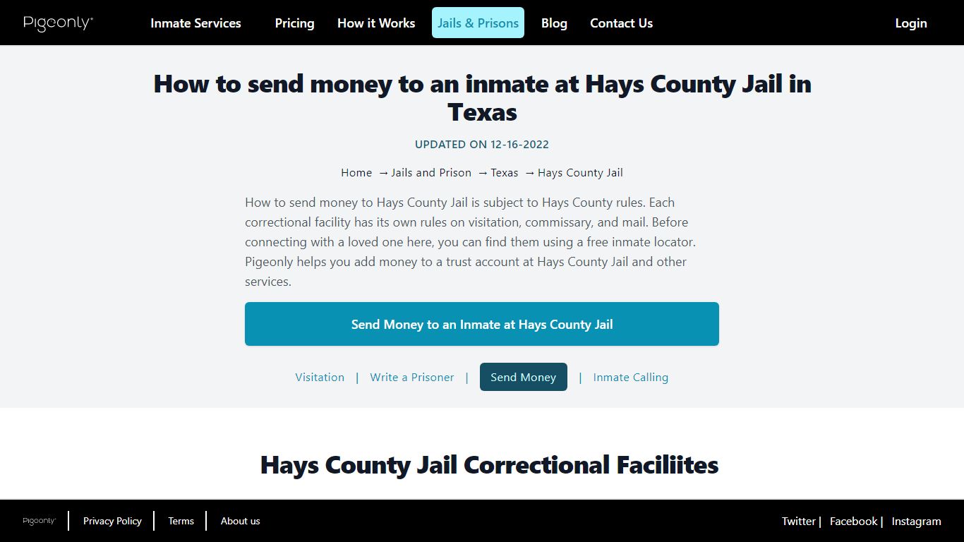 Send Money to Inmate Hays County Jail, Texas | Pigeonly